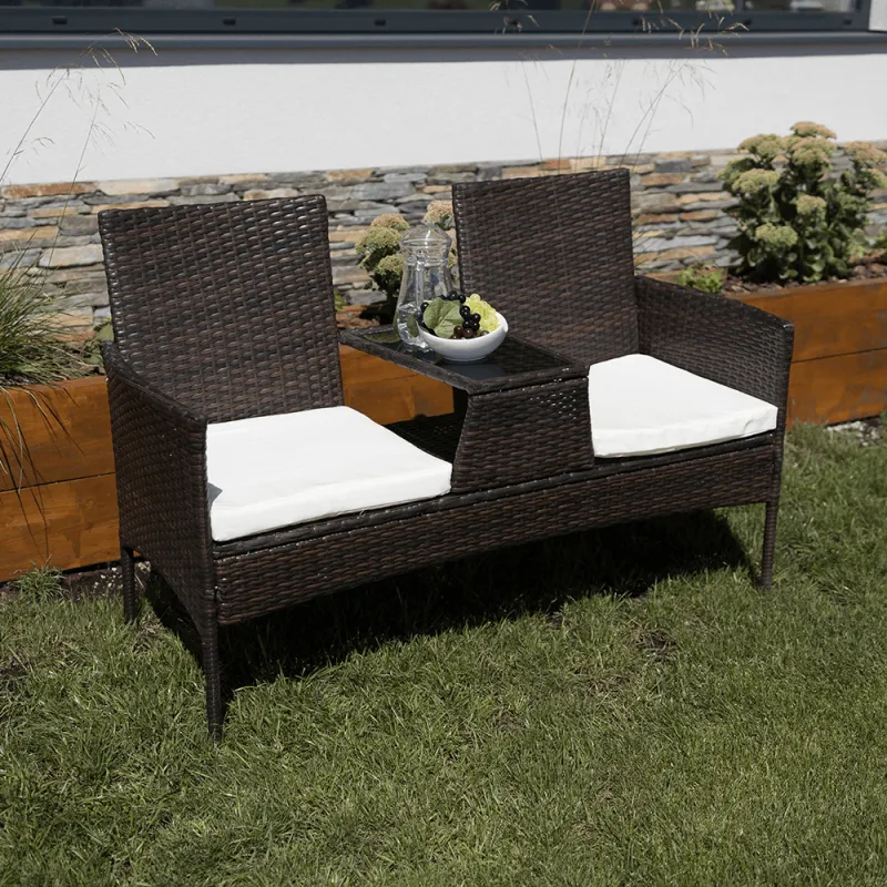 Záhradná lavica so stolíkom a poduškami, hnedá/krémová, LALIT