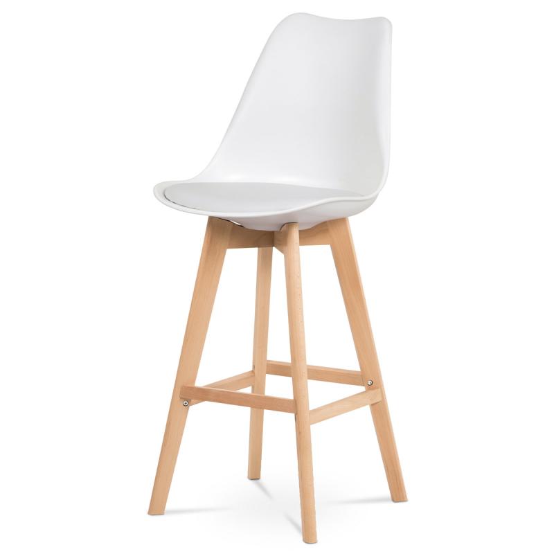 Barová stolička CTB-801 WT plast, sedák biela ekokoža/nohy masív prírodný buk
