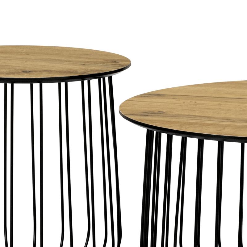 Set 2ks stolíkov, pr.60x34, pr.37x37 cm, dosky MDF, 3D dekor divoký dub, kovová drôtená podnož, čier